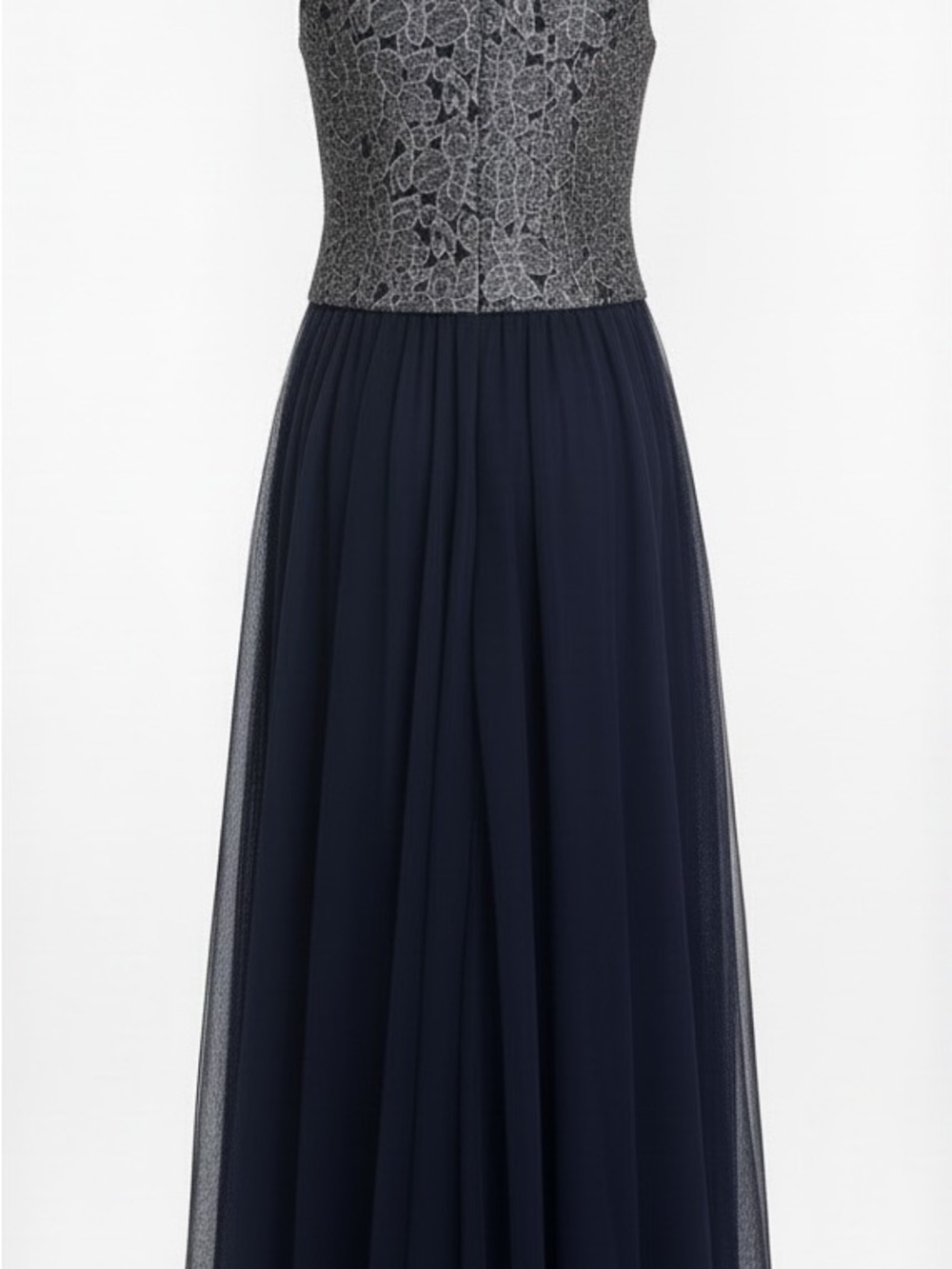 Charlotte Russe Navy Tulle Gown with Silver Lace Bodice